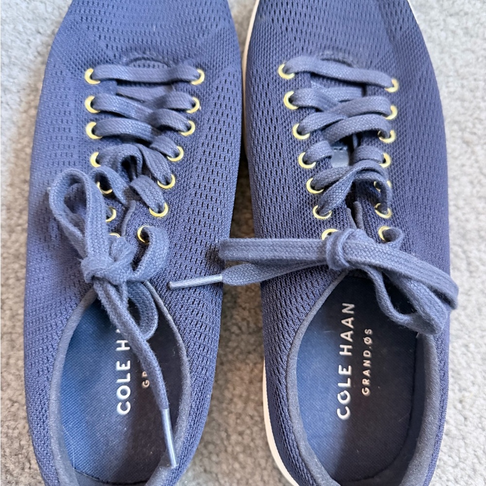 Cole Haan Navy Knit Sneakers with Gold Eyelets